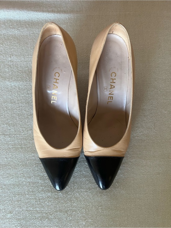 CHANEL Shoes - CHANEL Two-Tone Beige and Black Pointed Toe Pumps